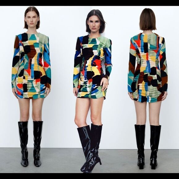 Zara multicoloured printed dress with draping long sleeve ruched Sz S NWT - Picture 3 of 10